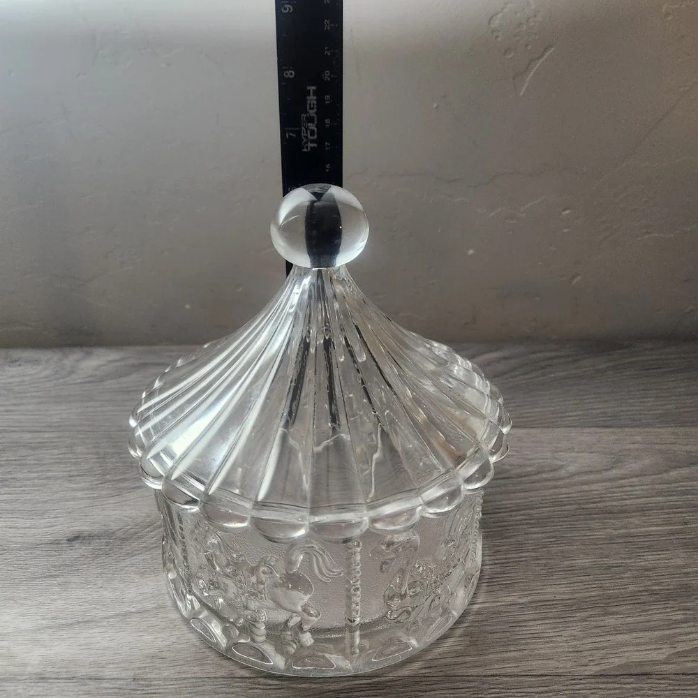 Vintage Clear‎ Pressed Glass Carousel Trinket Box Lidded Candy Dish Horse Swan